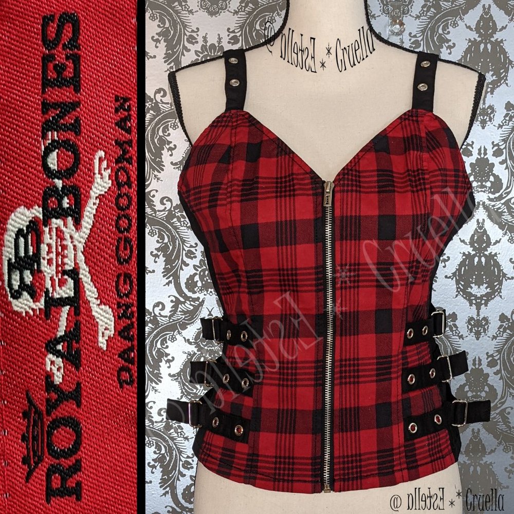 Royal Bones Plaid Grommet Straps Zip Up Top
